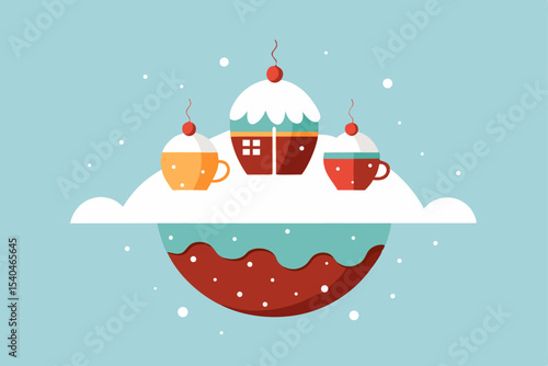 a floating christmas caf  on a cloud  with snow 