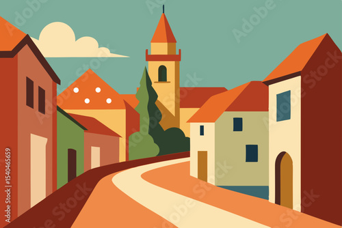 Charming Vintage Village Street Scene Retro Architecture and Colorful Houses