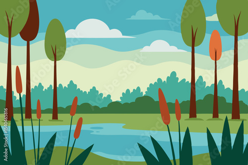 Serene Landscape Illustration Tranquil River, Lush Trees, and Peaceful Sky