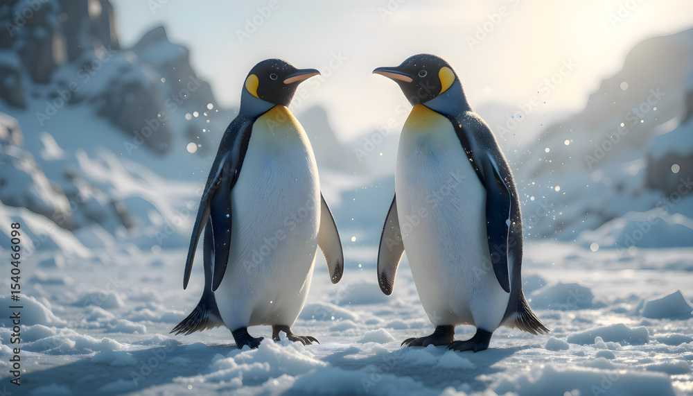 Fototapeta premium Two penguins standing side by side in a snowy landscape during daylight in a cold natural environment