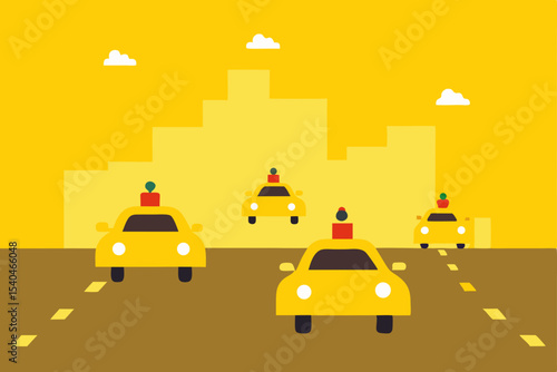 a foggy street lined with parked yellow cabs  each.svg
