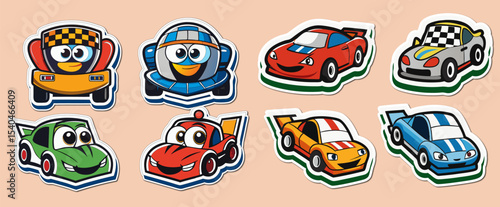 A big bundle of Cargo funny cars stickers vector collection for kids isolated on white background.	 