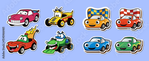 A big bundle of Cargo funny cars stickers vector collection for kids isolated on white background.	 