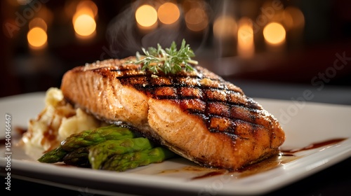Grilled salmon fillet with caramelized grill marks, plated with asparagus spears and garlic mashed potatoes, backdropped by upscale dining room setting with warm bokeh lighting