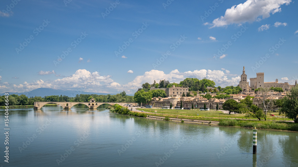 Fototapeta premium Panoramic view of the city of Avignon on the Rhône river showing the famous Pont d'Avignon bridge.