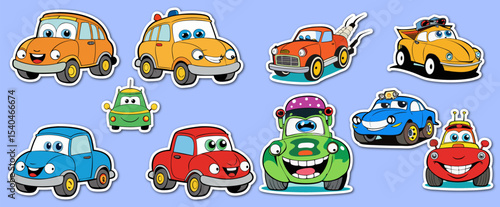 A big bundle of Cargo funny cars stickers vector collection for kids isolated on white background.	 