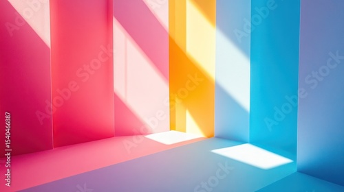 Colorful room with sunlight, vibrant interior, geometric shapes, pastel colors, bright, shadows, 