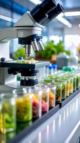 Close-up of microscope in lab examining samples, showcasing plant life science, biotechnology research, and agricultural innovation, indoor shot.