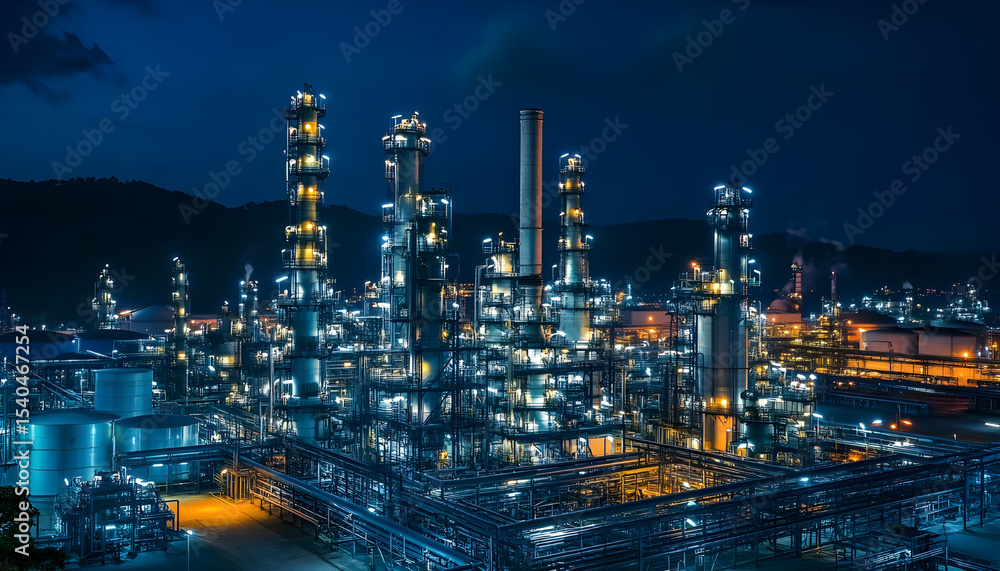 Fototapeta premium Oil and gas industrial refinery at night, Oil and gas refinery petrochemical plant pipeline steel, Oil and gas refinery factory oil and gas storage tank pipeline steel at night, Global energy refinery