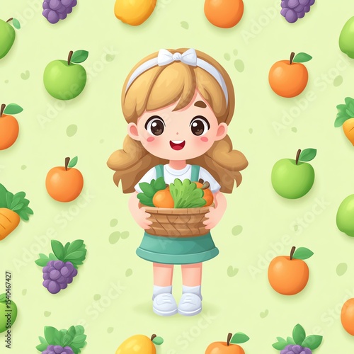 A cheerful girl holding a basket of colorful fruits and vegetables in a playful style.