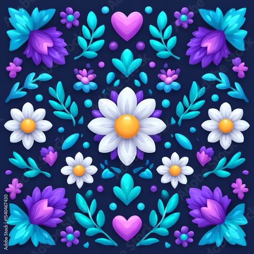 A vibrant floral pattern featuring colorful flowers and leaves on a dark background.