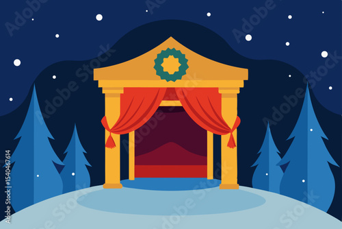 a glowing puppet theater in a snowy courtyard  