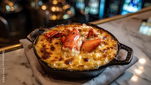 Wallpaper Mural Lobster mac and cheese in a cast iron ramekin with bubbling cheese crust and lobster claws visible, served beside a linen napkin on a white marble bar top Torontodigital.ca