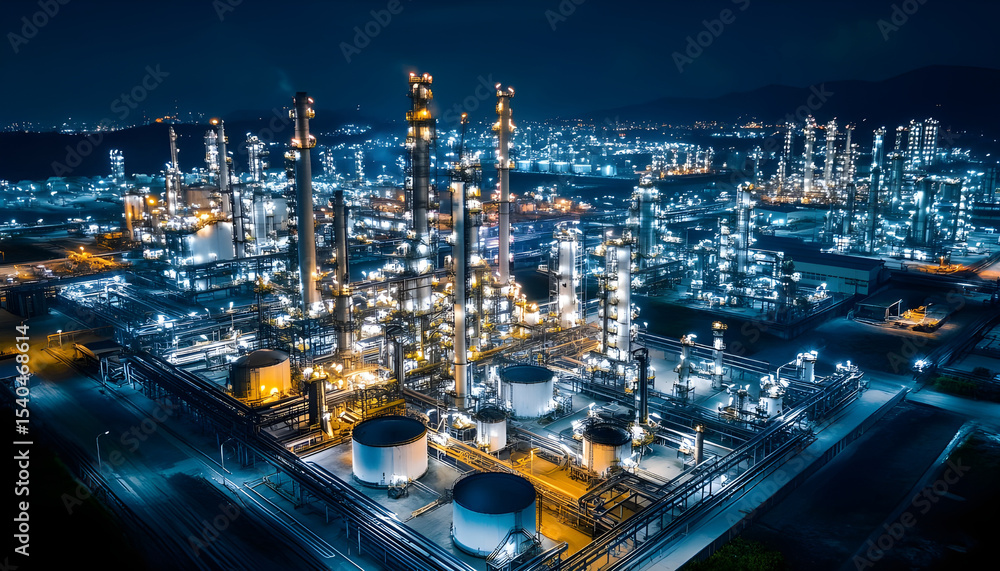 Fototapeta premium Oil and gas industrial refinery at night, Oil and gas refinery petrochemical plant pipeline steel, Oil and gas refinery factory oil and gas storage tank pipeline steel at night, Global energy refinery