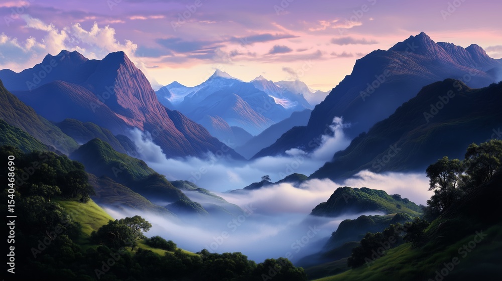 Majestic mountain landscape at dawn with mist weaving through lush valleys and rugged peaks under soft morning light Majestic mountain landscape at dawn with mist weaving through lush valleys and rugged peaks under soft morning light