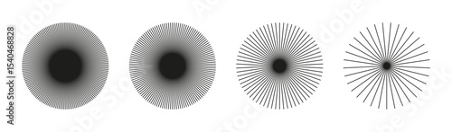Radial circle lines icons. Circular lines elements set. Symbol of Sun star rays. Flat design stickers. Spokes with radiating stripes pattern. Abstract illusion geometric shapes templates.