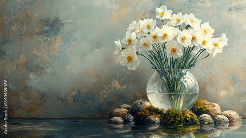 Elegant white daffodils in vase, stone accents, textured wall background