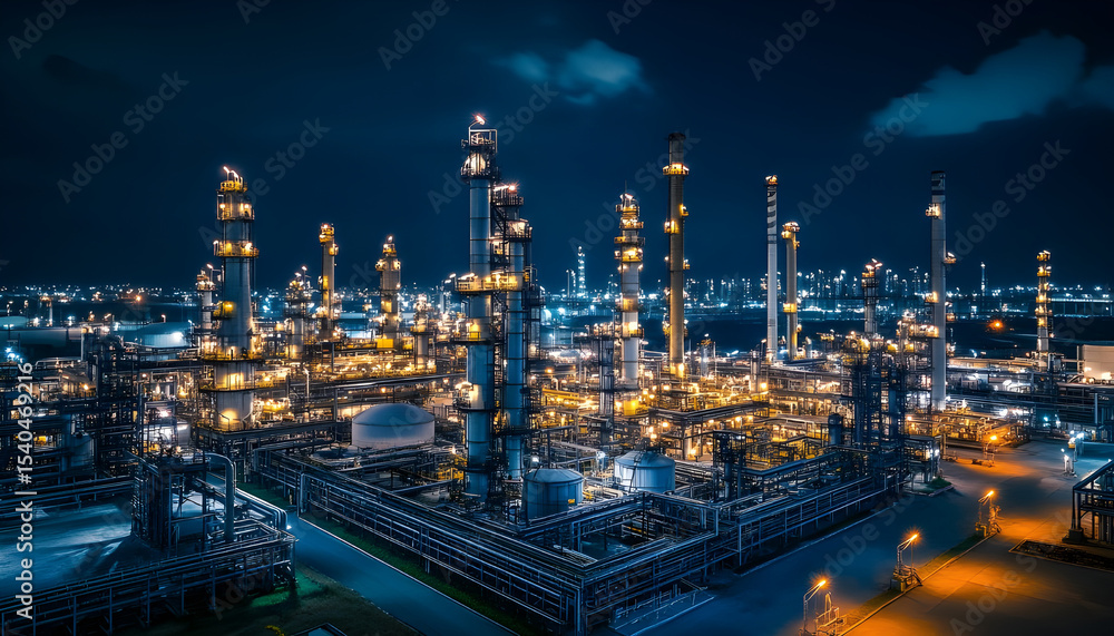 Fototapeta premium Oil and gas industrial refinery at night, Oil and gas refinery petrochemical plant pipeline steel, Oil and gas refinery factory oil and gas storage tank pipeline steel at night, Global energy refinery
