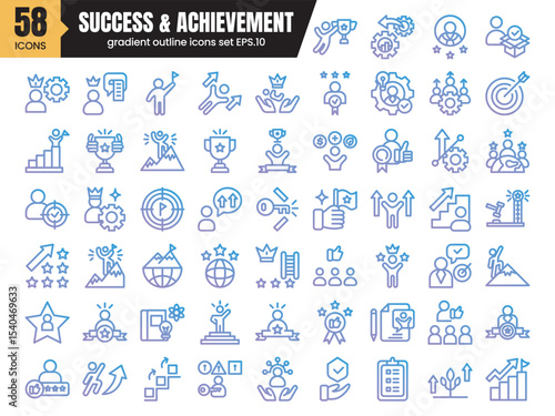 Success and achievement set of web icons in gradient outline style.Vector illustration