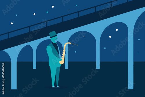 a lone saxophonist playing under a glowing overpas 