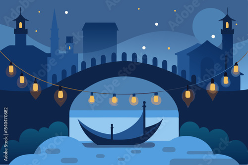 a misty city river with glowing gondolas gliding 