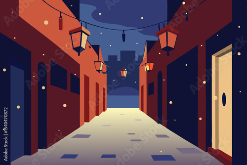 a narrow city alley glowing with lanterns  mistlet
