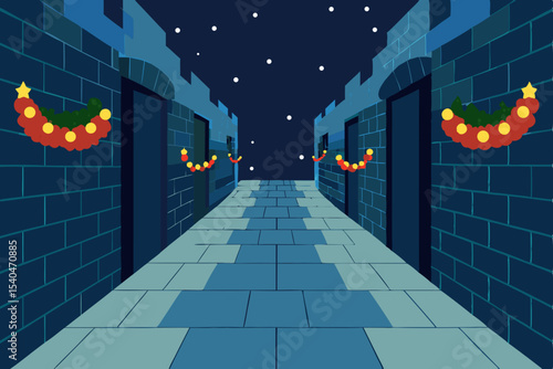 a narrow cobblestone street turned into a glowing 