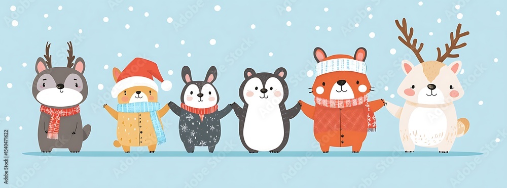 Fototapeta premium Cute cartoon vector illustration of different animals wearing winter wear, standing in line and holding hands for the Christmas season
