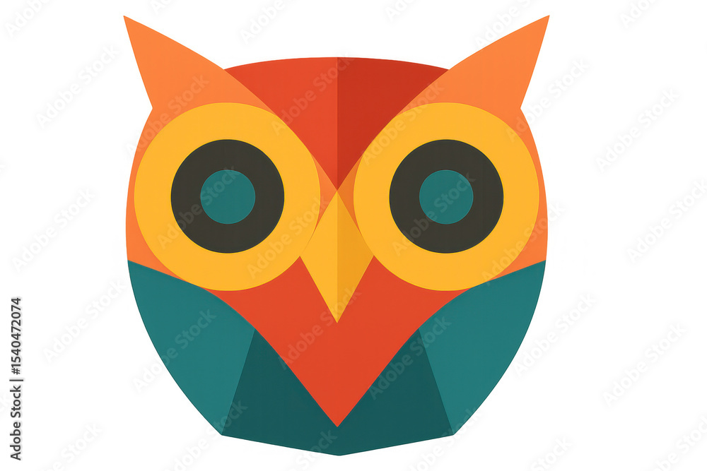 Fototapeta premium Geometric owl face featuring angular shapes and bold colors, isolated on transparent backdrop for graphic design use