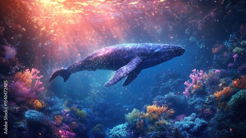 A majestic whale swims gracefully through a vibrant coral reef. Colorful corals and sunlight create a serene underwater scene.