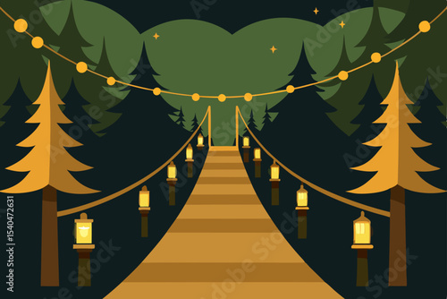 a quiet sky bridge turned into a golden lit forest