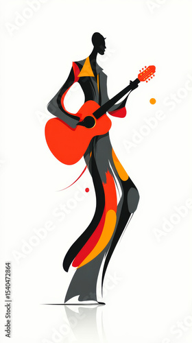 guitar player abstract art, red orange clip art preview