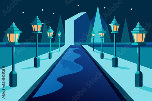 a riverwalk lined with ice sculptures and glowing 