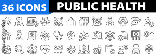 Public health 36 icon set. Editable stroke. Community health, disease prevention, health protection, medical services, health awareness and more. Linear icon collection. Vector illustration