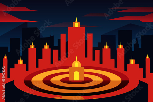 a rooftop candle maze glowing in red and gold  