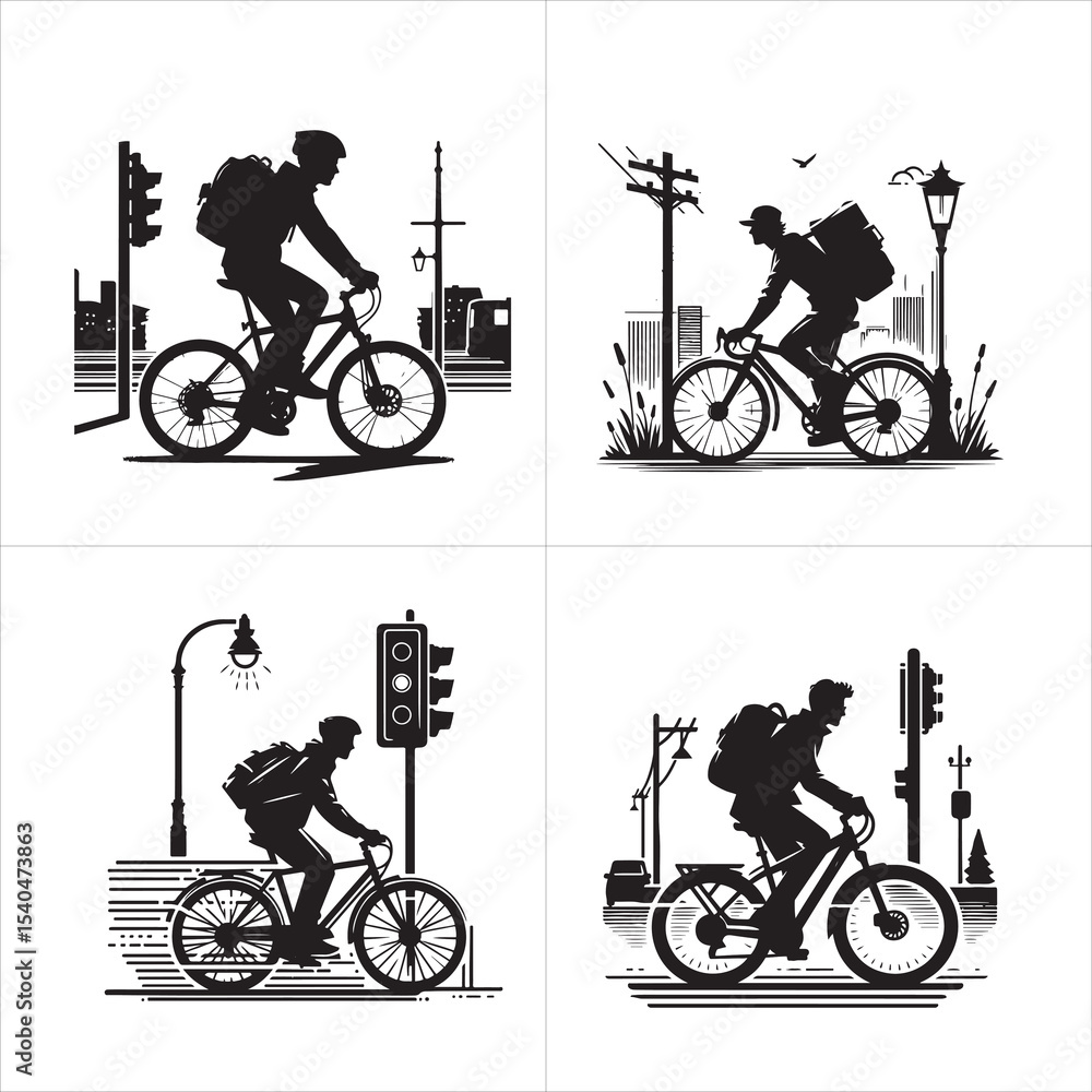 Fototapeta premium Bicycle commuter silhouette with urban background elements for vector illustration