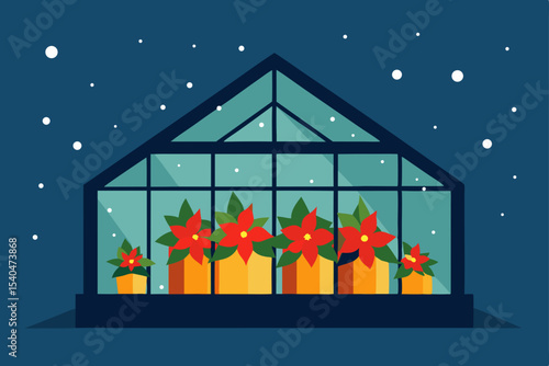 a rooftop glass greenhouse filled with poinsettias.svg