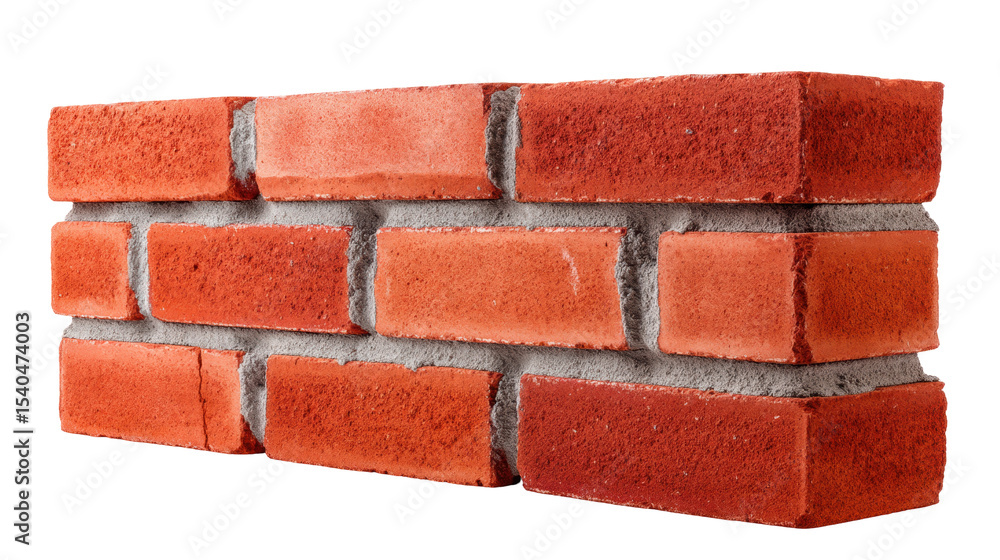 Fototapeta premium Isolated red brick wall on transparent background with rough texture and mortar