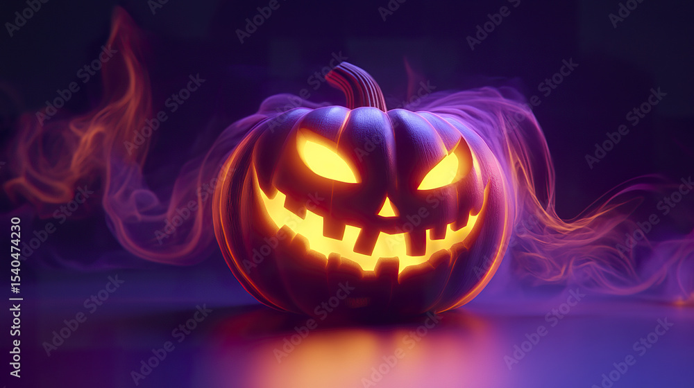 Naklejka premium glowing Halloween pumpkin with spooky expression, surrounded by purple mist