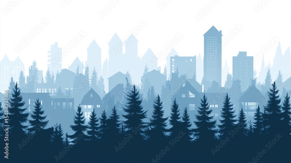 Fototapeta premium Blue - reflecting Snow Forest Small Residence Pattern