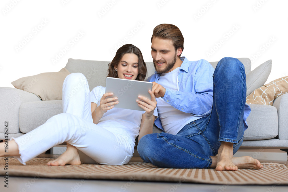 Happy couple sitting and planning new home decoration at home with a tablet, renovation and interior design for new house on a transparent background Happy couple sitting and planning new home decoration at home with a tablet, renovation and interior design for new house on a transparent background