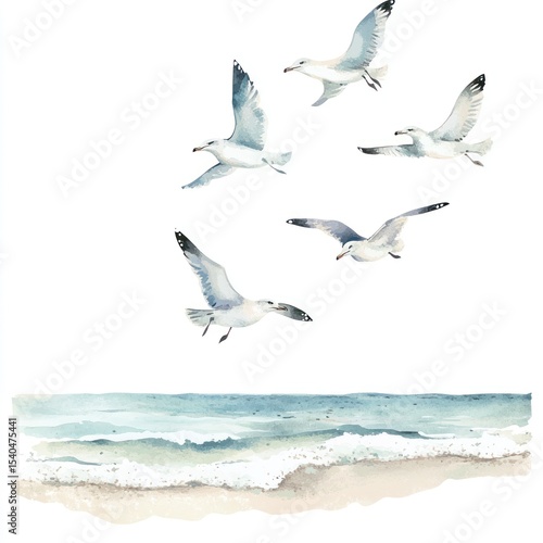 Watercolor illustration of seagulls soaring above a tranquil beach scene