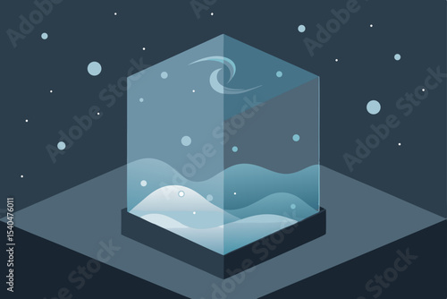 a snowstorm caught midair in a glass cube on a roo