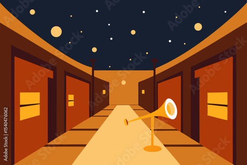 a snowy alley pop up jazz club with warm orange 