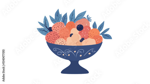 Digital illustration of a blue bowl filled with assorted fruits including what appears to be peaches, oranges, lychees, and blueberries. The bowl is decorated with a swirling, ornate pattern. 