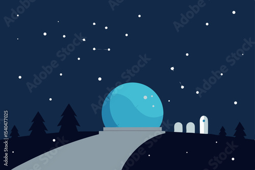a snowy rooftop planetarium projecting constellati