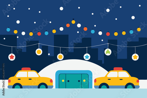 a snowy taxi depot where cabs line up under colorf 