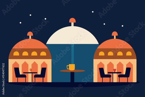 a street caf  terrace with glowing heated domes  