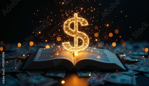 An open book with a glowing dollar sign surrounded by money and sparkles