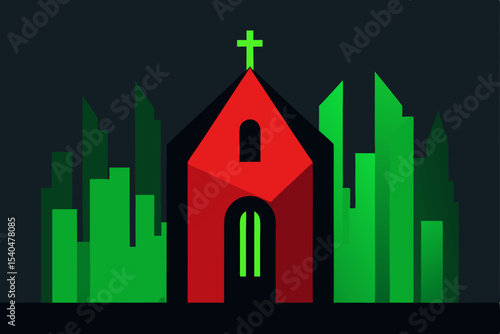 a tiny chapel tucked between skyscrapers  glowing .svg